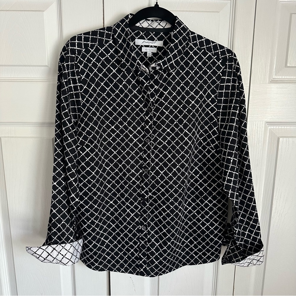 Foxcroft Cotton Geometric Button Up Long Sleeve Womens Sz 14P Office Casual